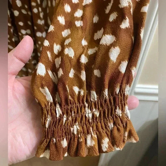 Zara Woman Ruffled Long Sleeve Brown White Polka Dot Animal Print Dress Size XS - Picture 6 of 13
